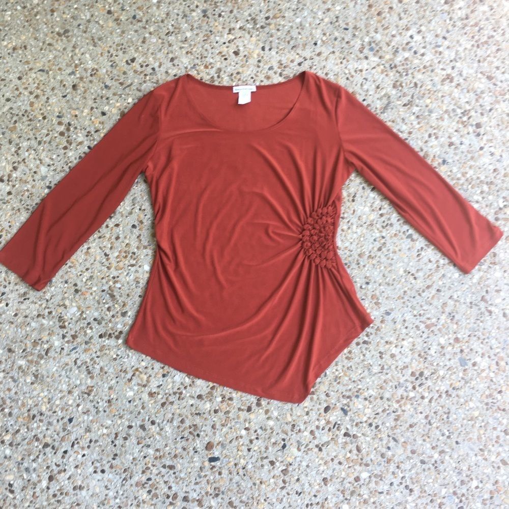 Vtg Bleeker & McDougal Rust Asymmetrical Cinched Hem Blouse Size XL